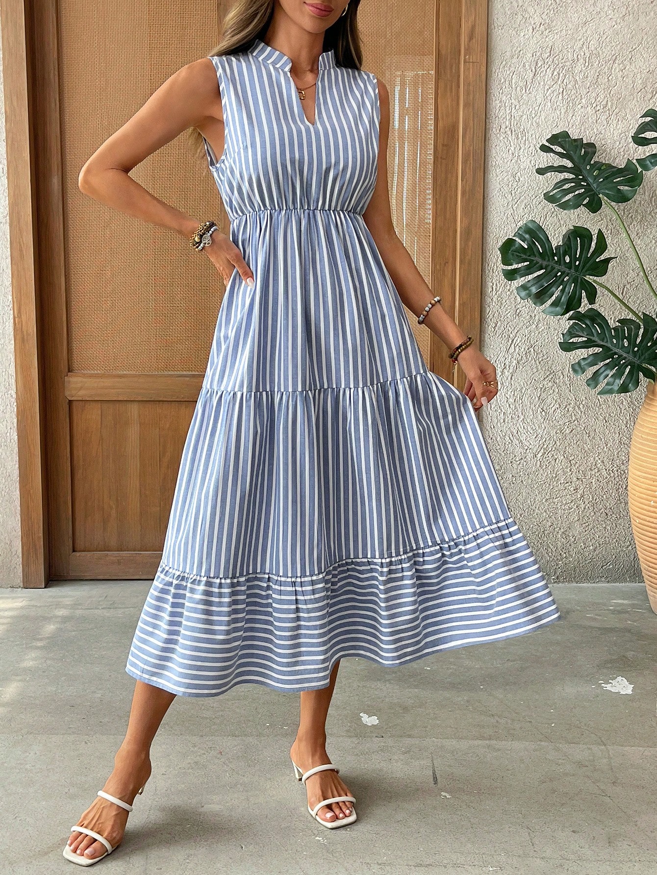 Women's Sleeveless V-Neck Striped Cotton Tiered Midi Dress - Casual Summer Resort Wear Sundress