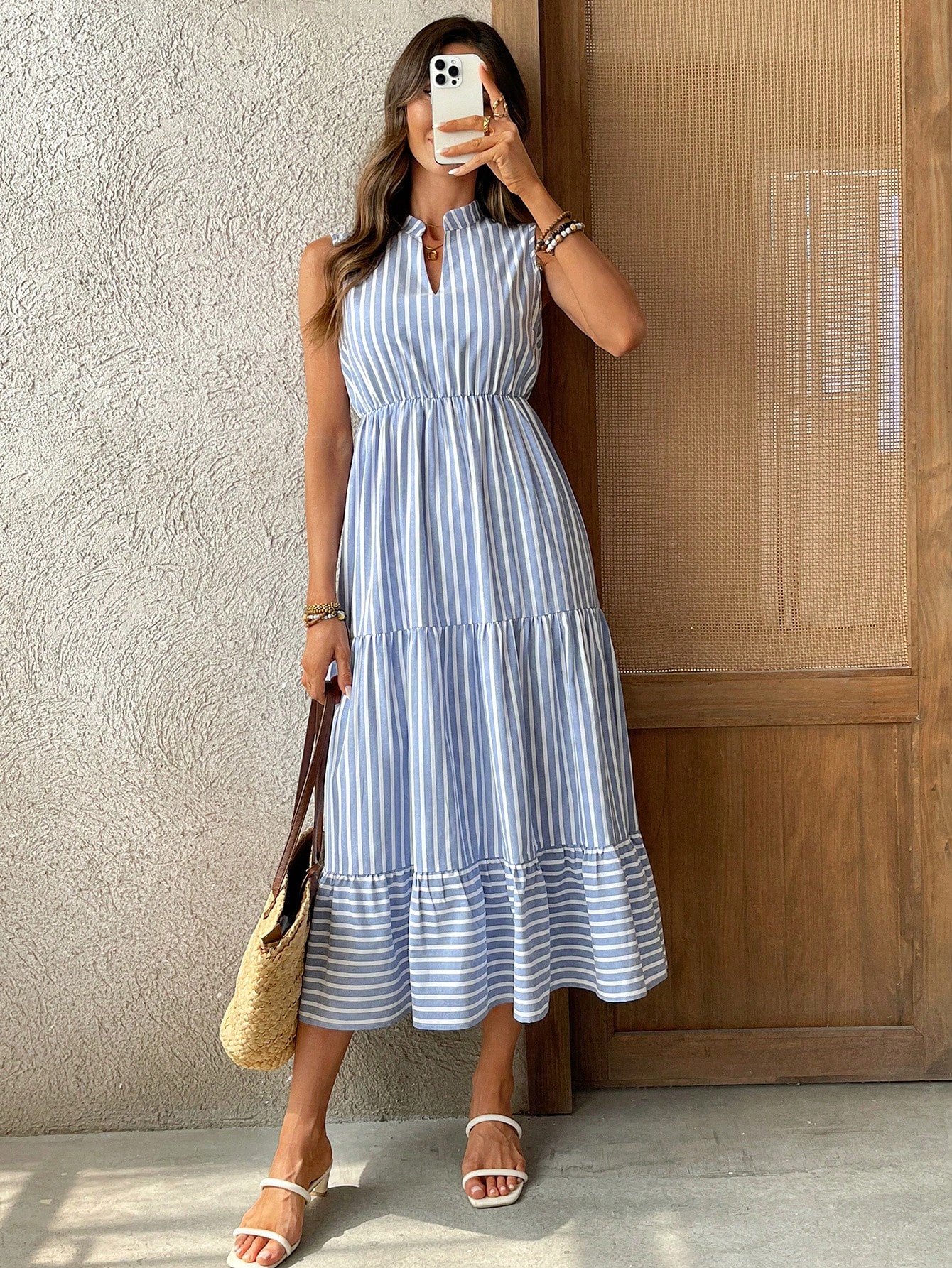 Women's Sleeveless V-Neck Striped Cotton Tiered Midi Dress - Casual Summer Resort Wear Sundress