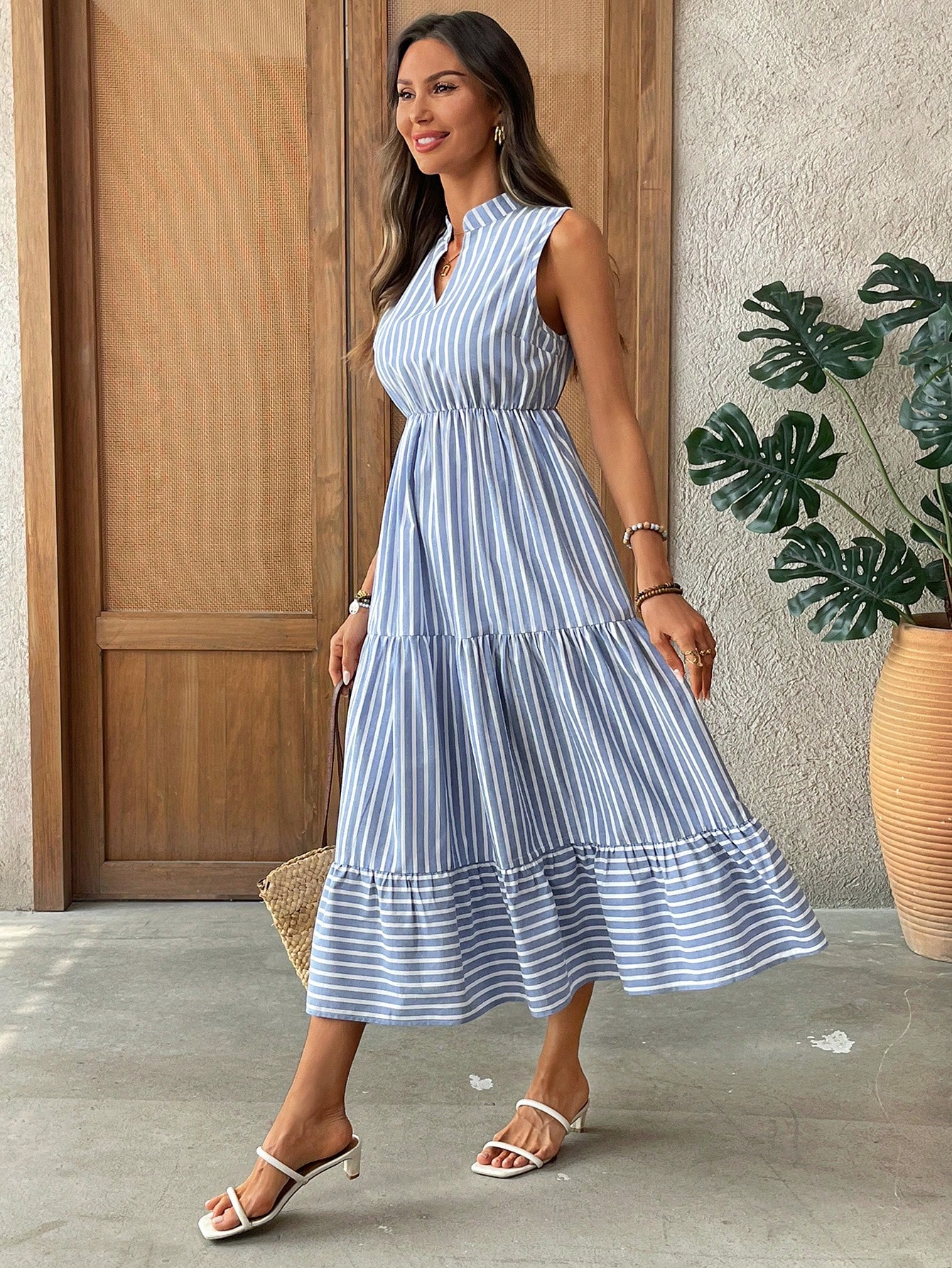 Women's Sleeveless V-Neck Striped Cotton Tiered Midi Dress - Casual Summer Resort Wear Sundress