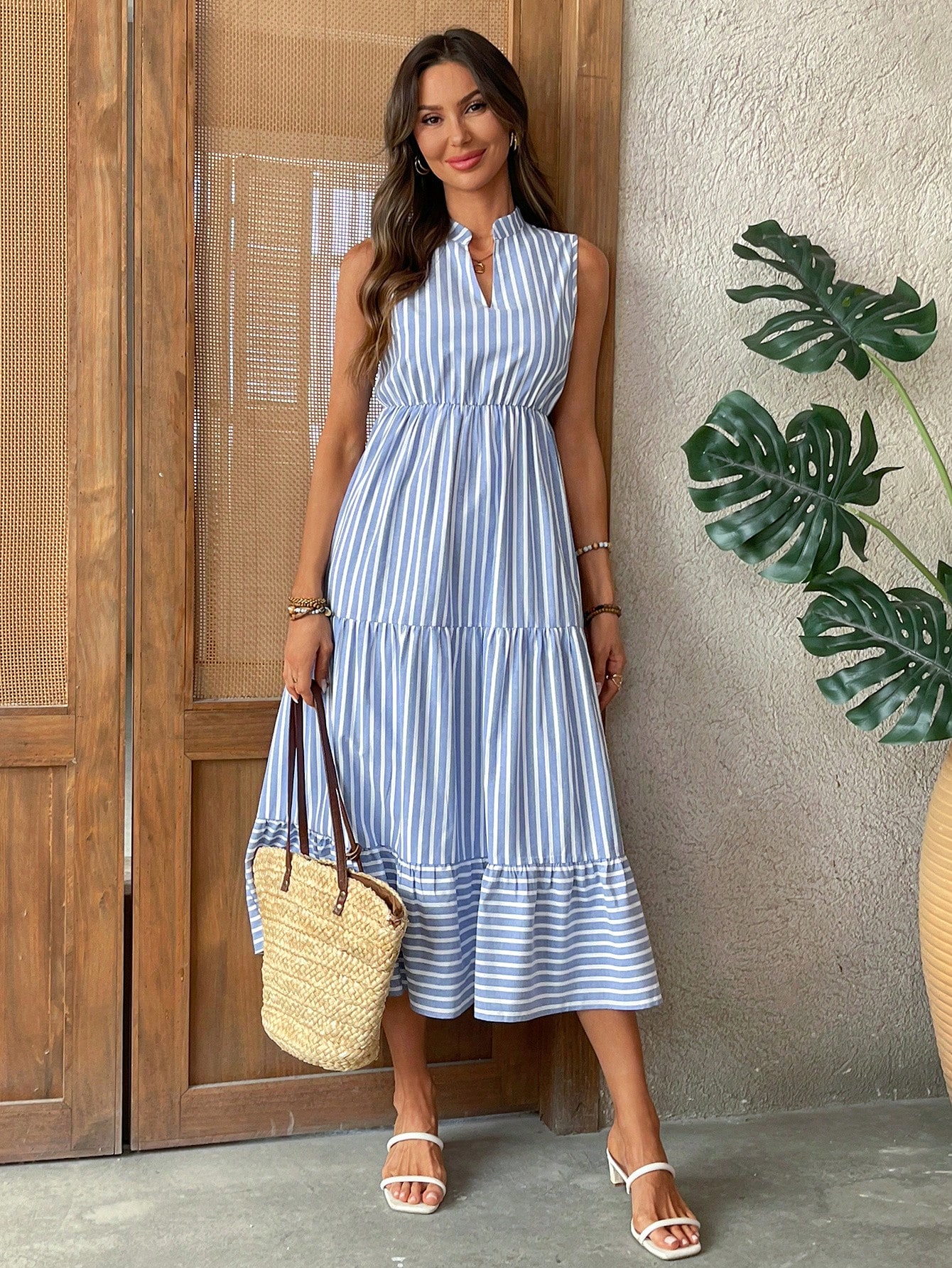 Women's Sleeveless V-Neck Striped Cotton Tiered Midi Dress - Casual Summer Resort Wear Sundress