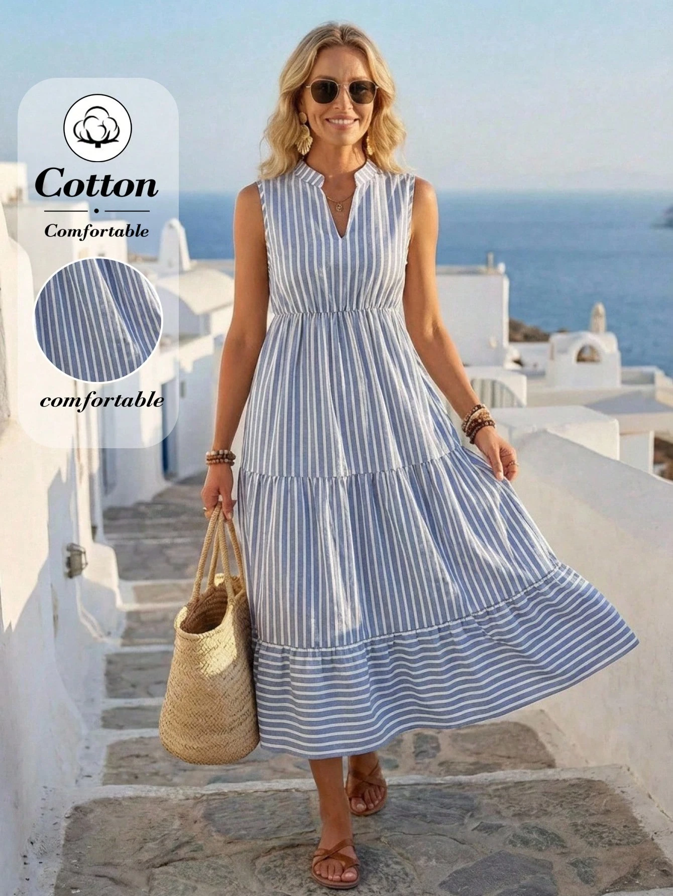 Women's Sleeveless V-Neck Striped Cotton Tiered Midi Dress - Casual Summer Resort Wear Sundress