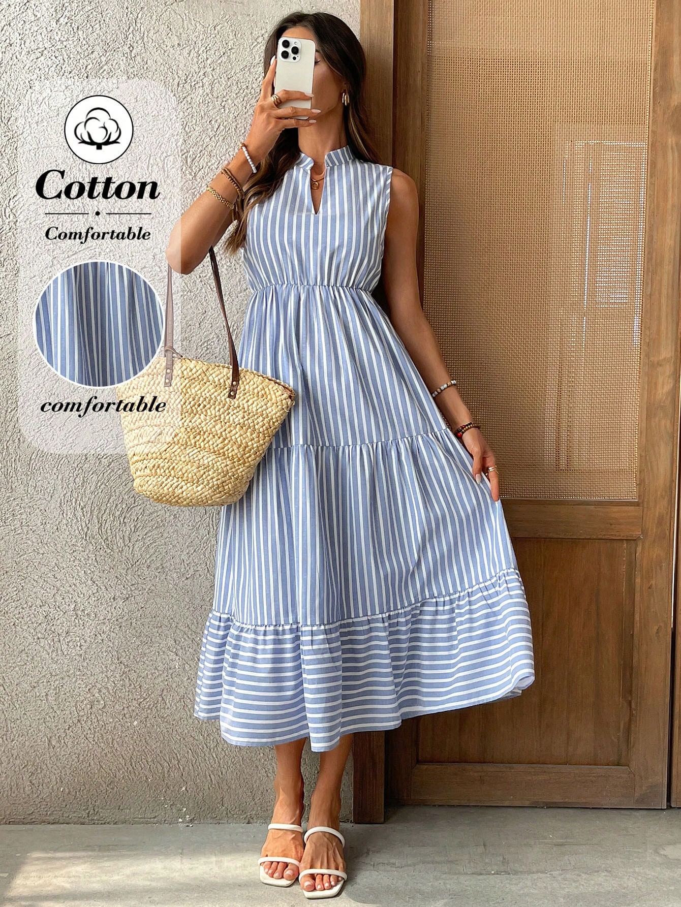 Women's Sleeveless V-Neck Striped Cotton Tiered Midi Dress - Casual Summer Resort Wear Sundress