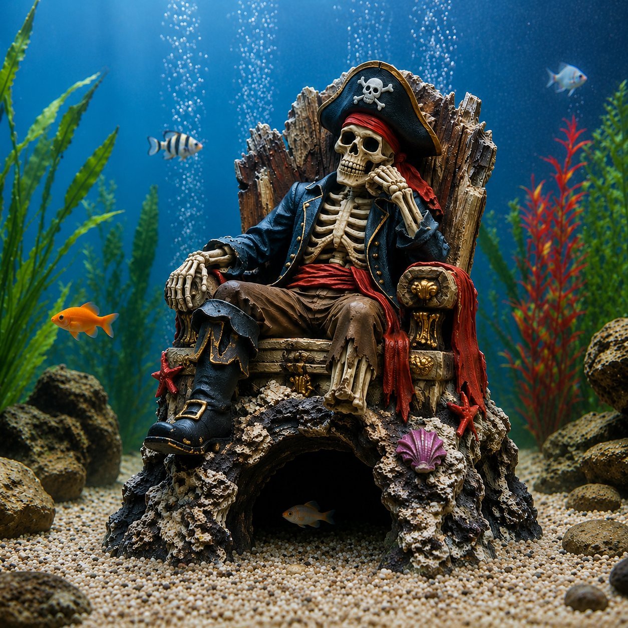 Underwater Pirate Skeleton Throne Aquarium Hideout Cave Decor