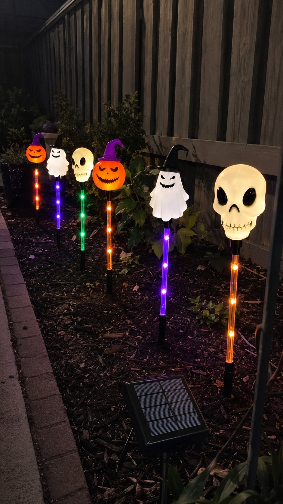 Vertical nighttime customer-style photo of glowing Halloween pumpkin ghost and skull stakes in a mulched garden bed near a wooden fence