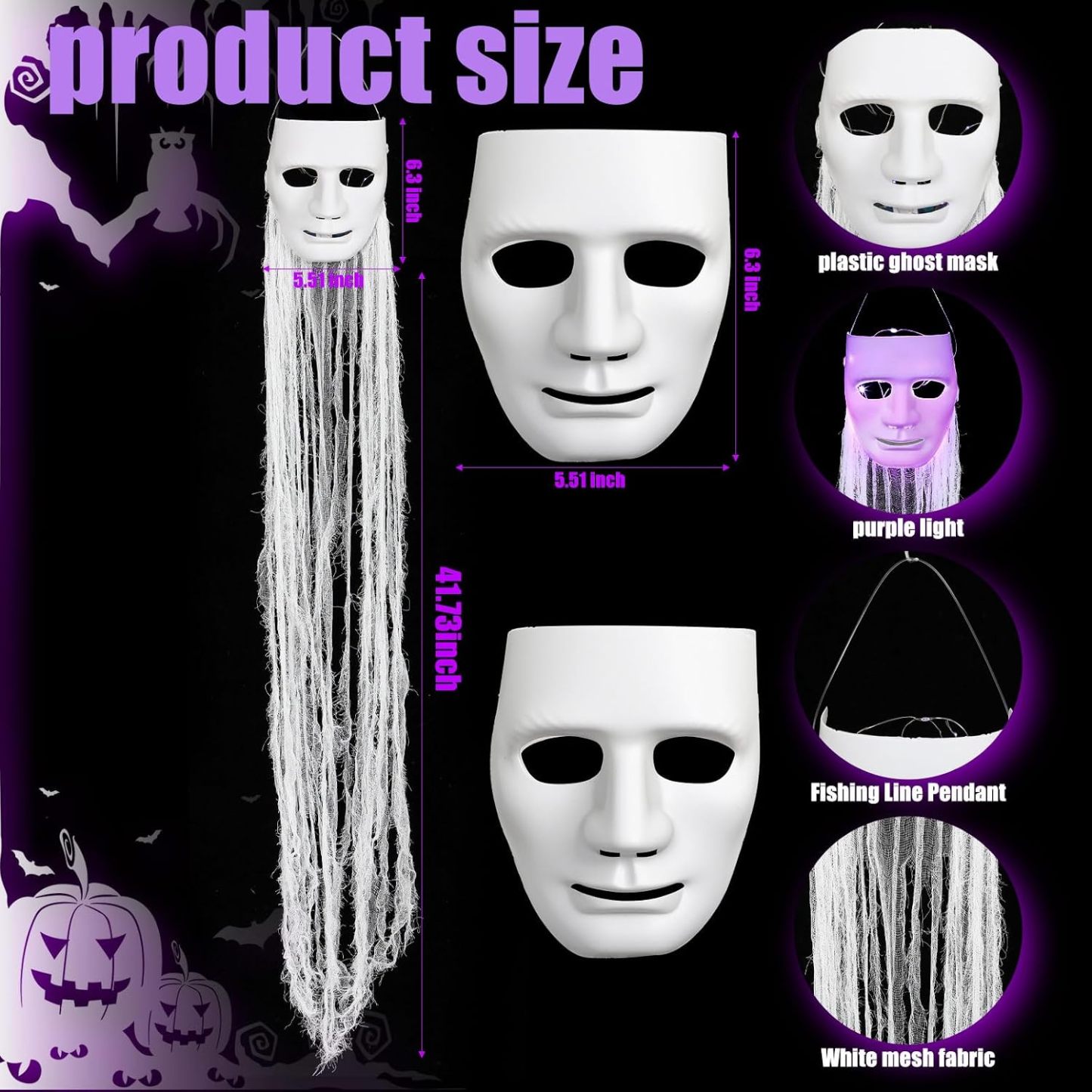 Halloween Decorations Outdoor Hanging Ghost White Masks with Purple LED Lights