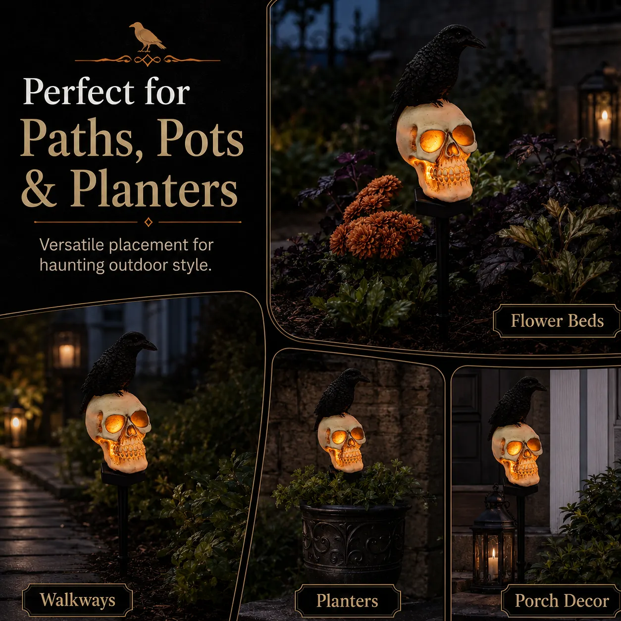 🐦‍⬛Solar powered animated raven skull garden spike💀 | Halloween garden decoration for outdoor use