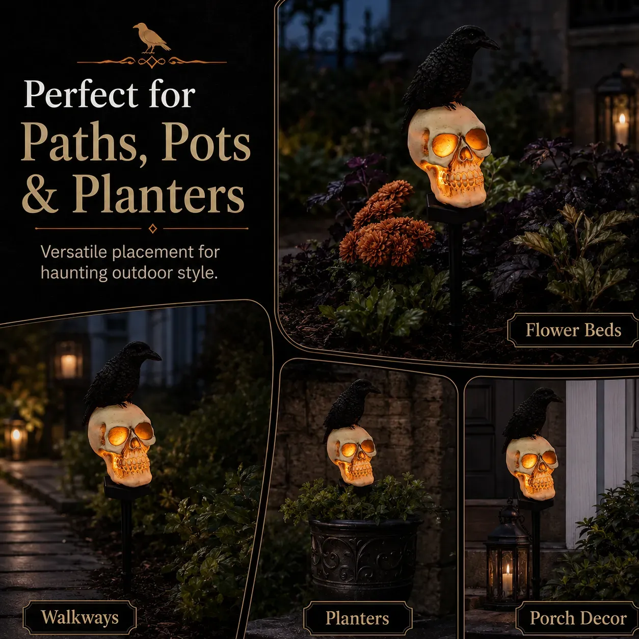 🐦‍⬛Solar powered animated raven skull garden spike💀 | Halloween garden decoration for outdoor use