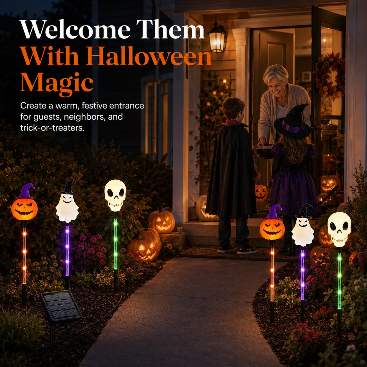 Halloween pathway stake lights decorating flowerbeds as children visit a warmly lit front porch