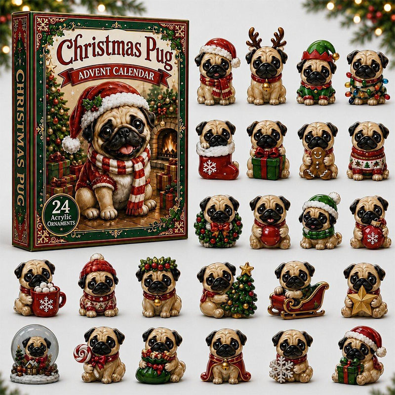 😍🐕24 Days Pug Acrylic Ornament Advent Calendar