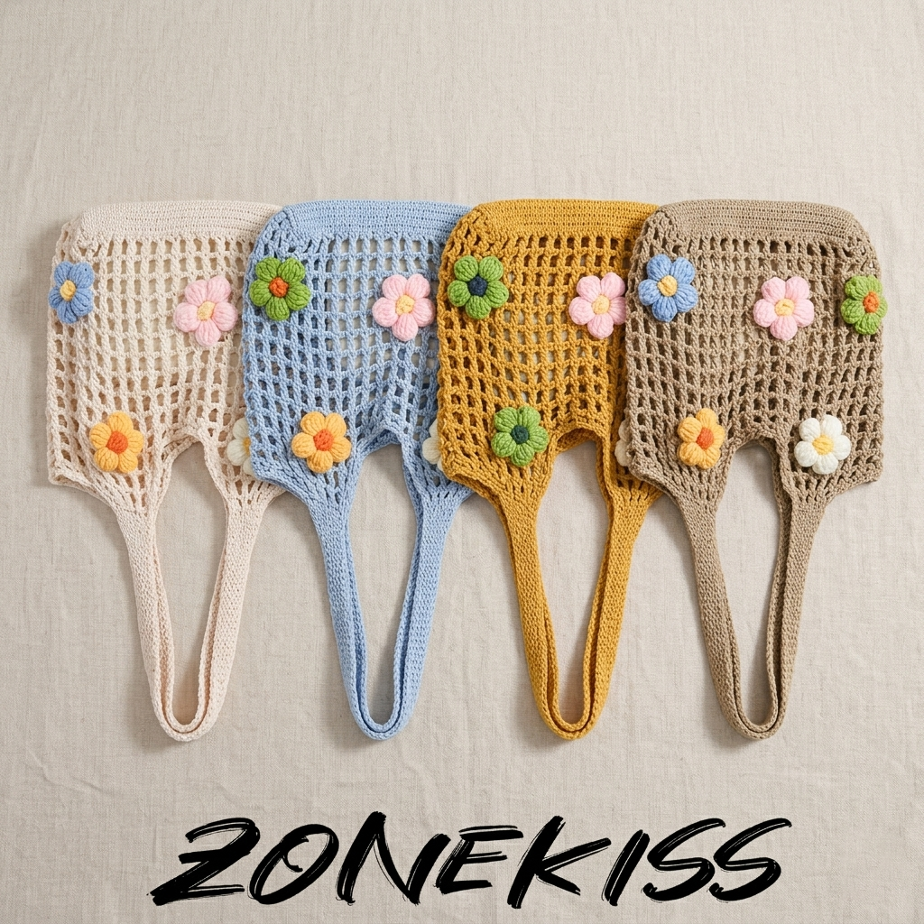 Zonekiss 3D Flower Handmade Crochet Woven Tote Bag With Detachable Inner Pouch