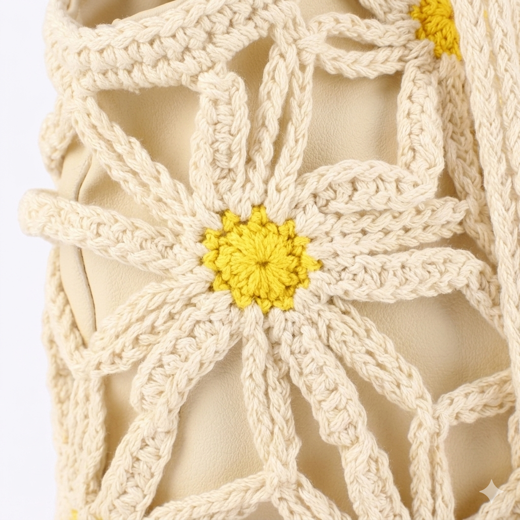 Vintage 3D Crochet Flower Handbag - Aesthetic Hand-Knit Daisy Purse with Magnetic Closure & Satin Lining