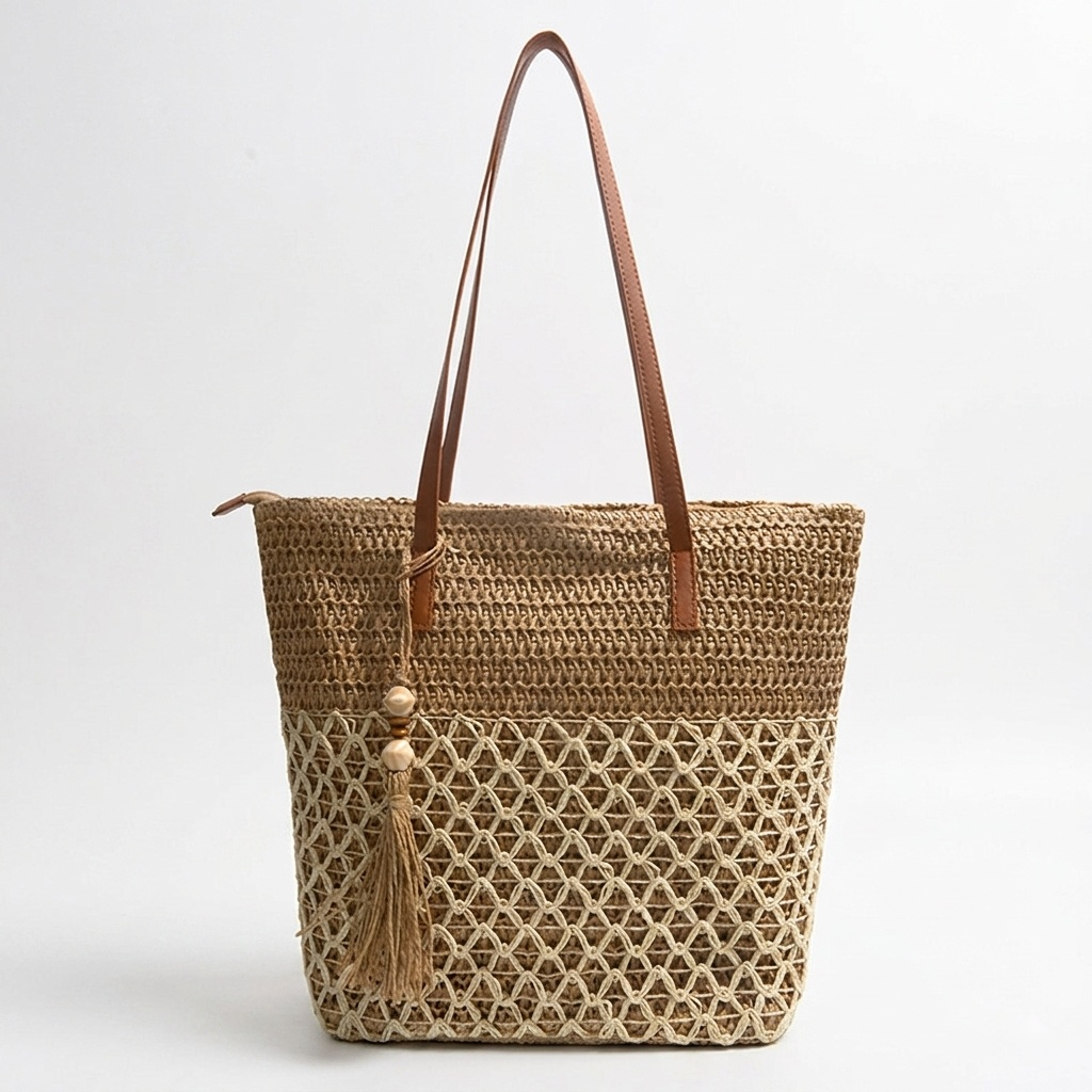 Zonekiss Boho Straw Tote Bag | Large Capacity Beach Bag With Zipper & Tassel