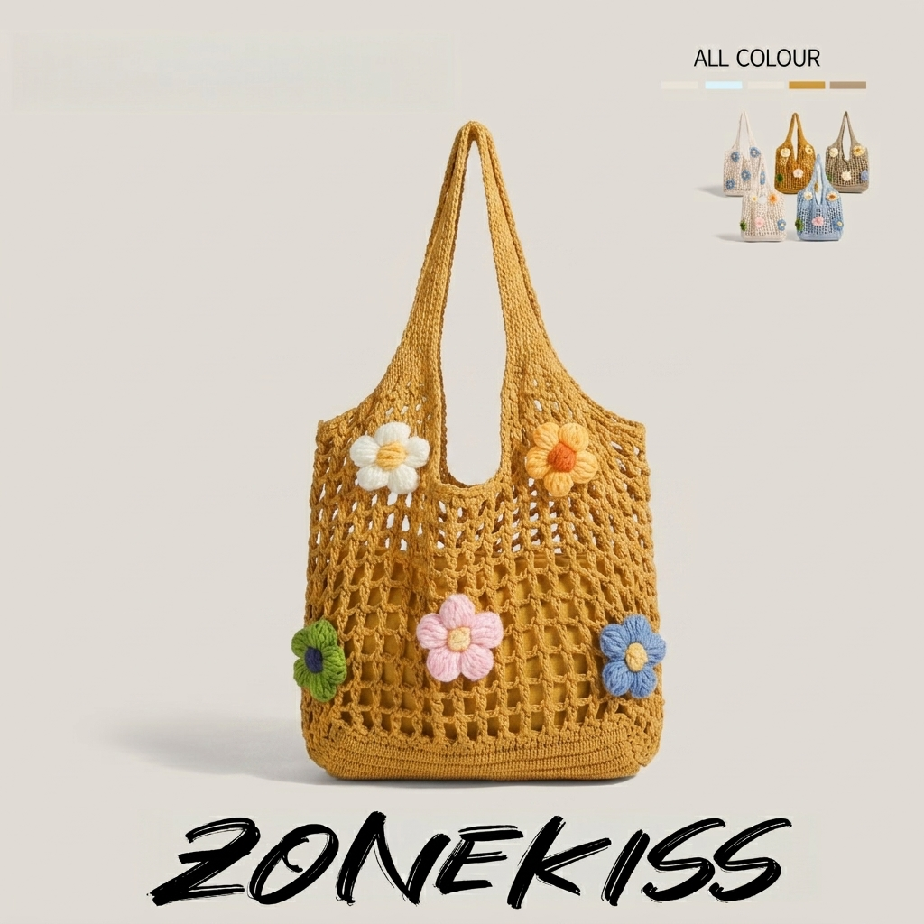 Zonekiss 3D Flower Handmade Crochet Woven Tote Bag With Detachable Inner Pouch