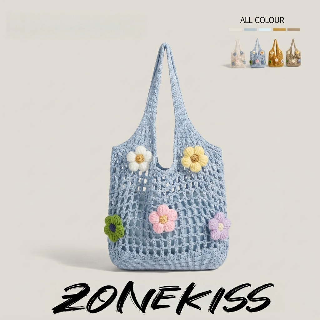 Zonekiss 3D Flower Handmade Crochet Woven Tote Bag With Detachable Inner Pouch