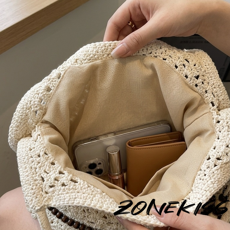 Zonekiss Vintage Boho Crochet Woven Tote Bag Wooden Bead Tassel Large Shoulder Handbag