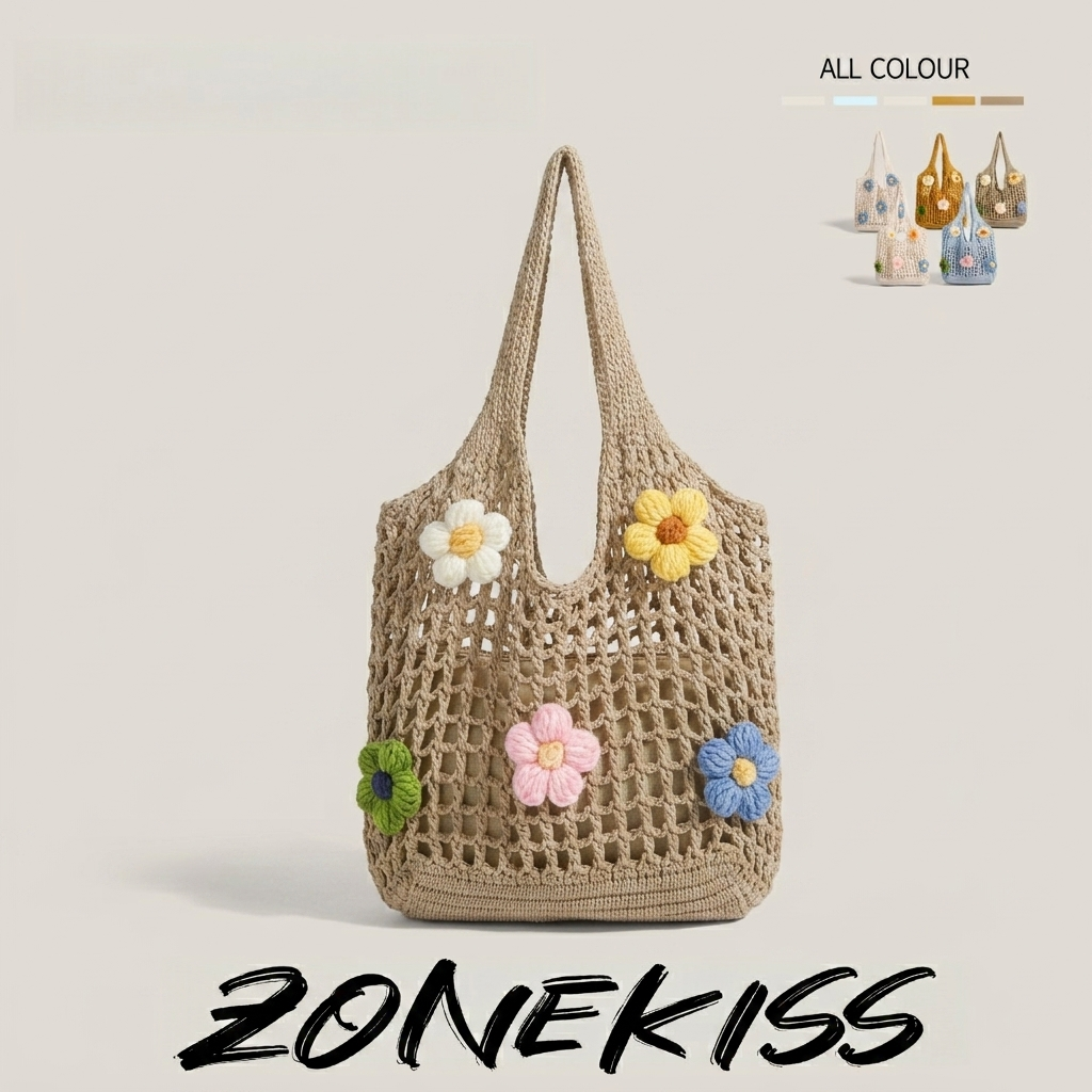 Zonekiss 3D Flower Handmade Crochet Woven Tote Bag With Detachable Inner Pouch