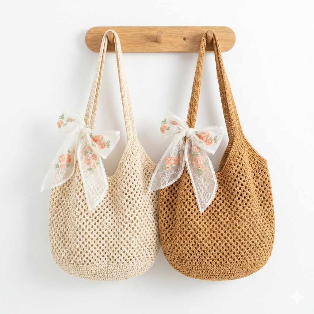 Boho Handmade Crochet Tote Bag with Floral Lace Bow – Summer Hollow Out Knit Shoulder Bag, Large Capacity Beach Purse