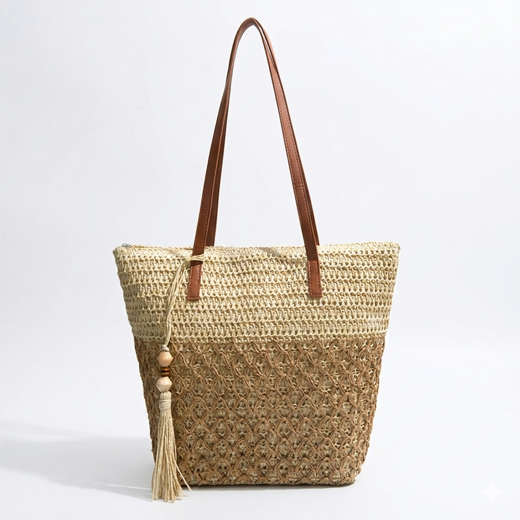 Zonekiss Boho Straw Tote Bag | Large Capacity Beach Bag With Zipper & Tassel