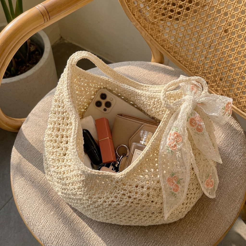 Boho Handmade Crochet Tote Bag with Floral Lace Bow – Summer Hollow Out Knit Shoulder Bag, Large Capacity Beach Purse