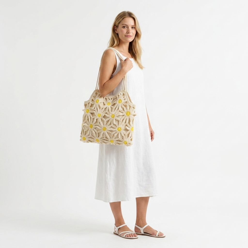 Vintage 3D Crochet Flower Handbag - Aesthetic Hand-Knit Daisy Purse with Magnetic Closure & Satin Lining