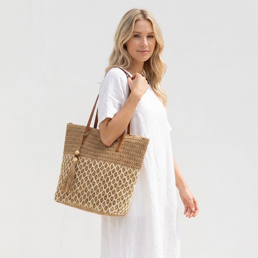 Zonekiss Boho Straw Tote Bag | Large Capacity Beach Bag With Zipper & Tassel