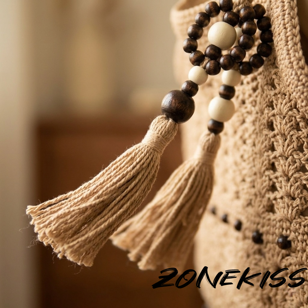 Zonekiss Vintage Boho Crochet Woven Tote Bag Wooden Bead Tassel Large Shoulder Handbag