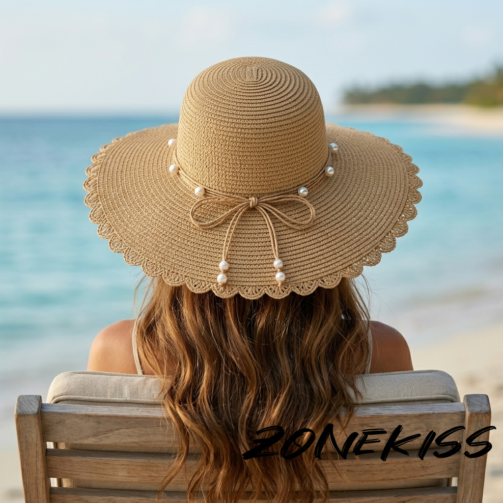 Luxury Pearl Bow Wide Brim Straw Hat, Summer Vacation Sun Protection Hat for Elegant Ladies