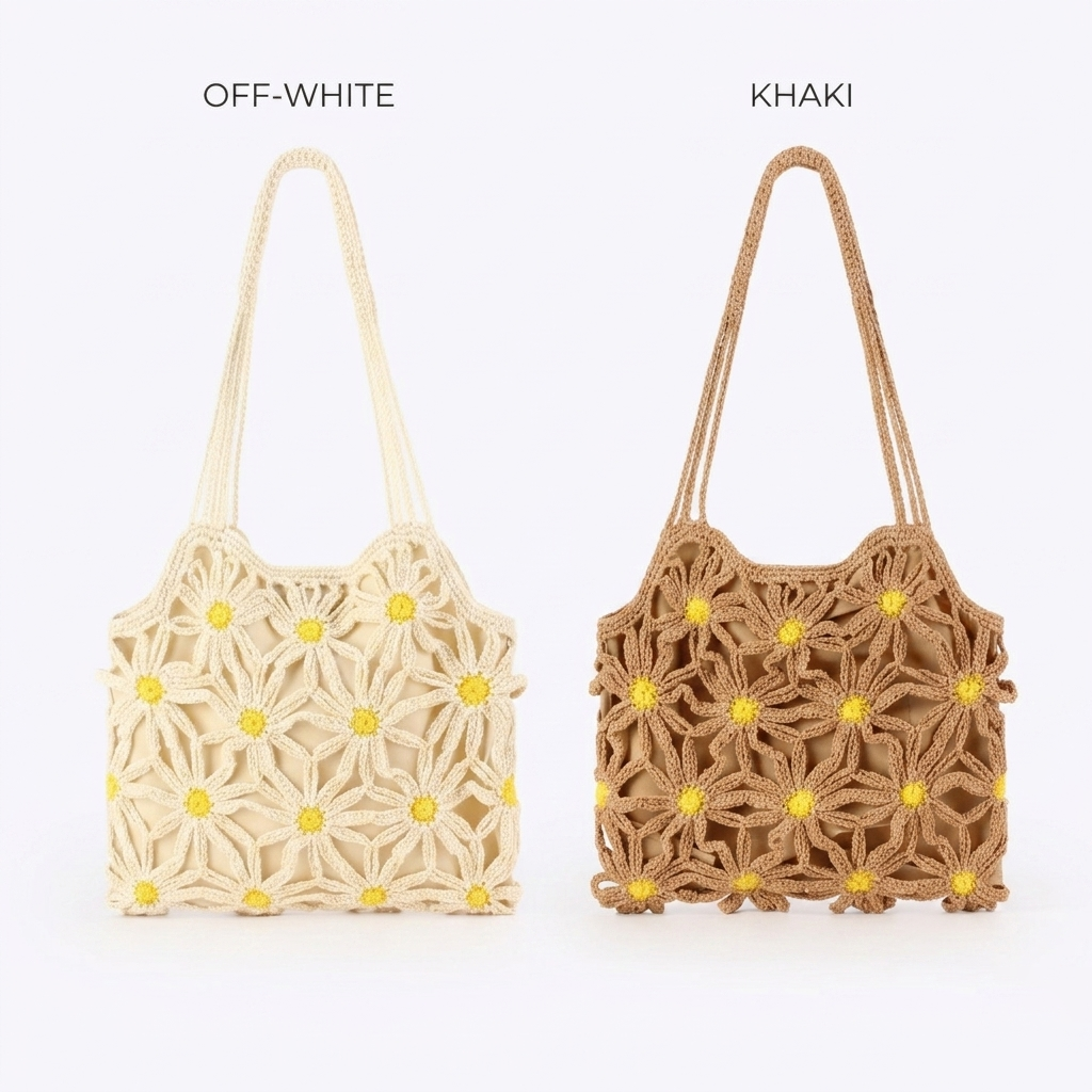 Vintage 3D Crochet Flower Handbag - Aesthetic Hand-Knit Daisy Purse with Magnetic Closure & Satin Lining