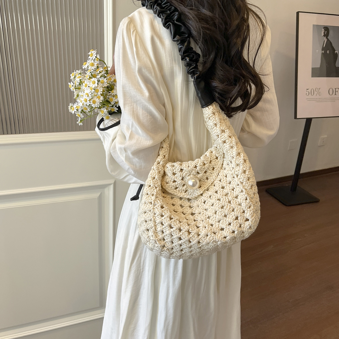 Women's Boho Crochet Hobo Bag | Pearl Buckle Ruched Strap Woven Shoulder Purse for Summer Beach