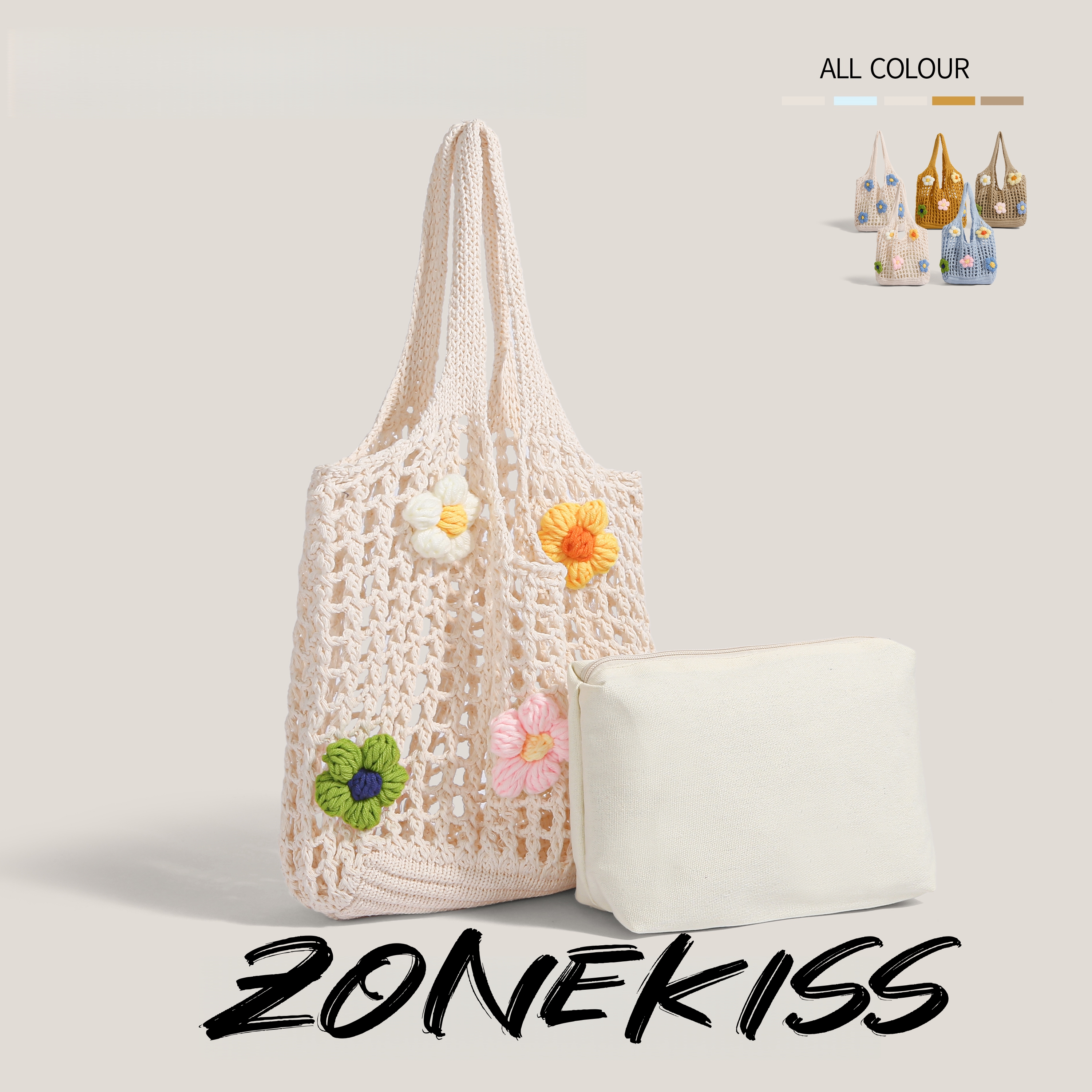 Zonekiss 3D Flower Handmade Crochet Woven Tote Bag With Detachable Inner Pouch