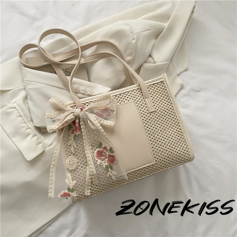 Summer Straw Tote Bag With Lace Floral Bow