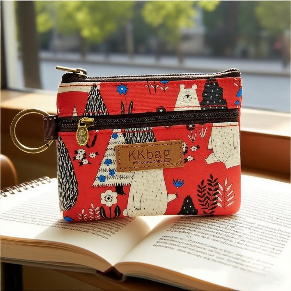  Vintage Cartoon Canvas Coin Purse, Double Zipper Keychain Pouch, Multiple Cute Prints