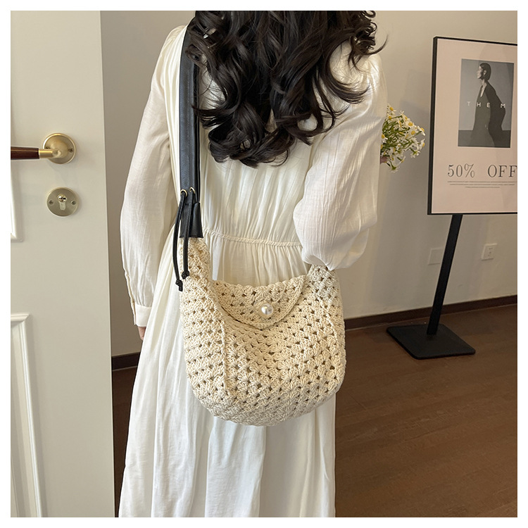 Women's Boho Crochet Hobo Bag | Pearl Buckle Ruched Strap Woven Shoulder Purse for Summer Beach