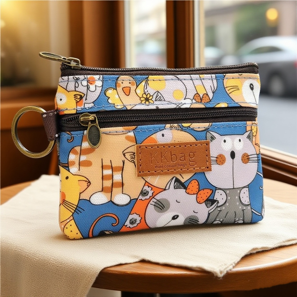 Vintage Cartoon Canvas Coin Purse, Double Zipper Keychain Pouch, Multiple Cute Prints
