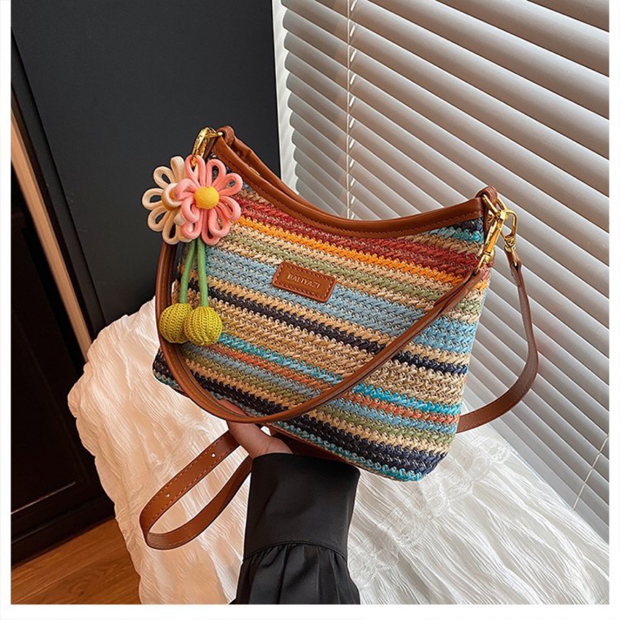 Zonekiss Rainbow Striped Straw Crossbody Bag | Cute Flower Charm Summer Shoulder Bag