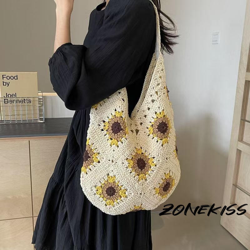 Zonekiss Handmade Sunflower Crochet Hobo Bag | Lightweight Large Boho Tote for Summer Vacation Daily Outings