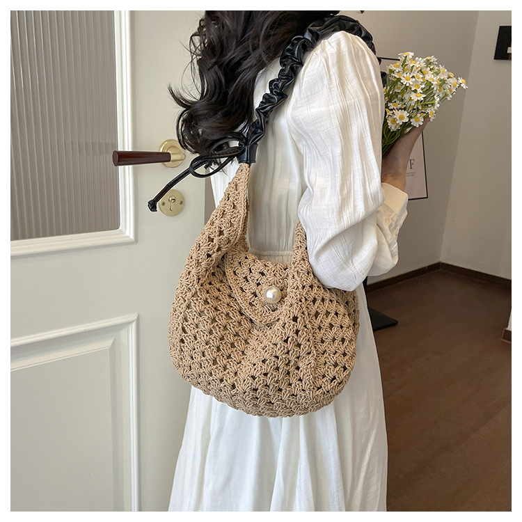 Women's Boho Crochet Hobo Bag | Pearl Buckle Ruched Strap Woven Shoulder Purse for Summer Beach