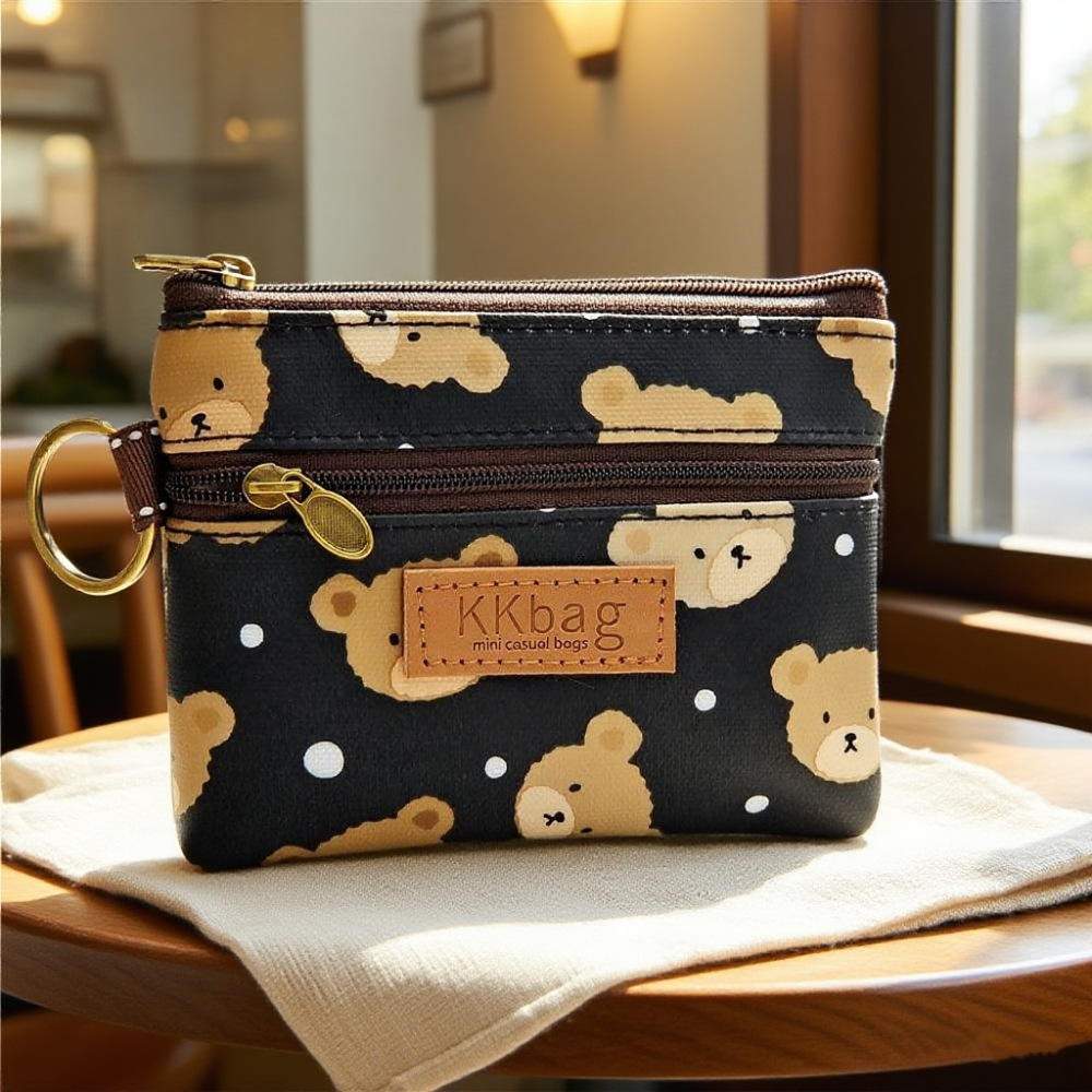  Vintage Cartoon Canvas Coin Purse, Double Zipper Keychain Pouch, Multiple Cute Prints