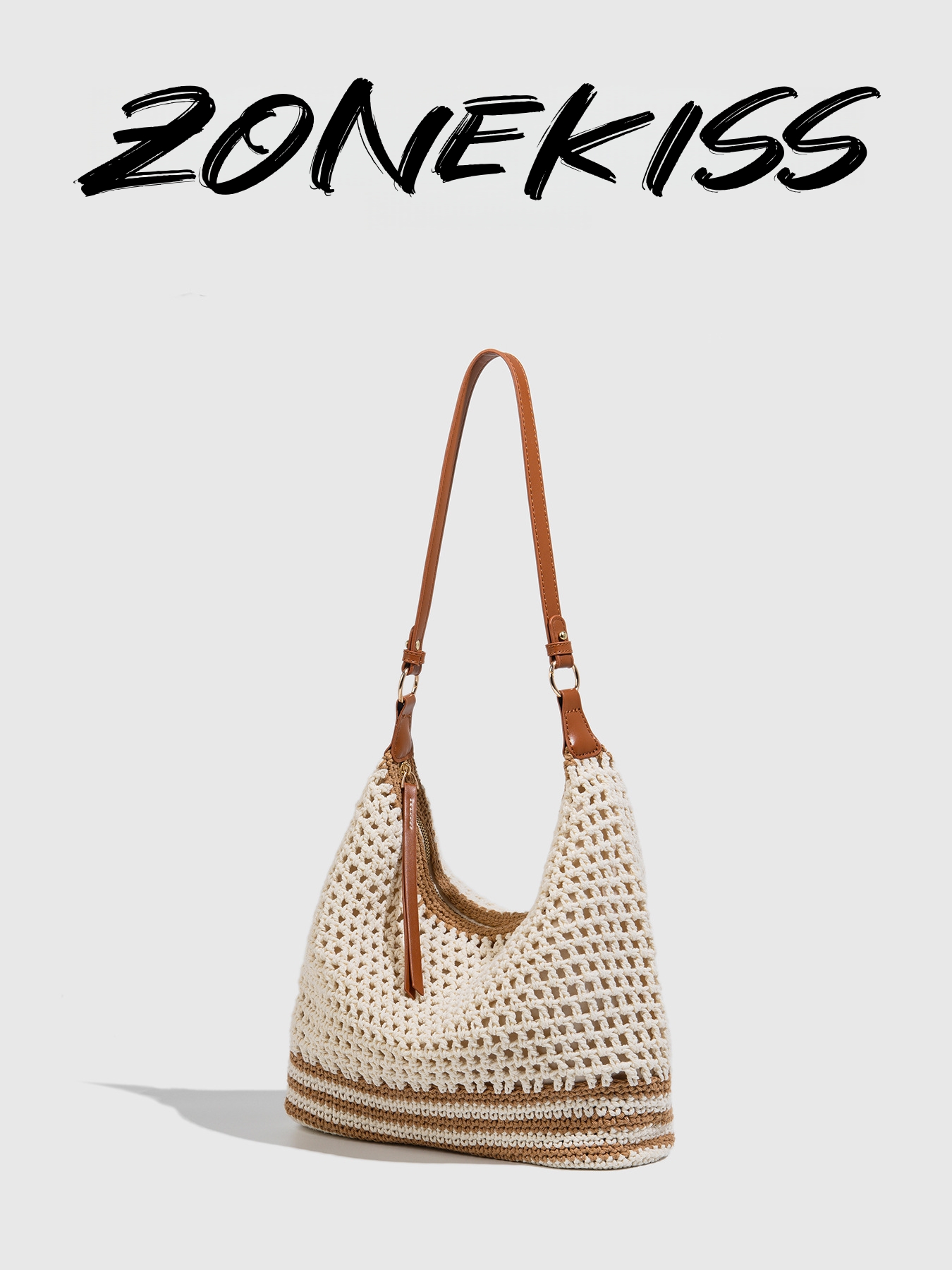 Zonekiss Boho Striped Crochet Hobo Bag | Adjustable Strap Zip Closure Woven Shoulder Tote
