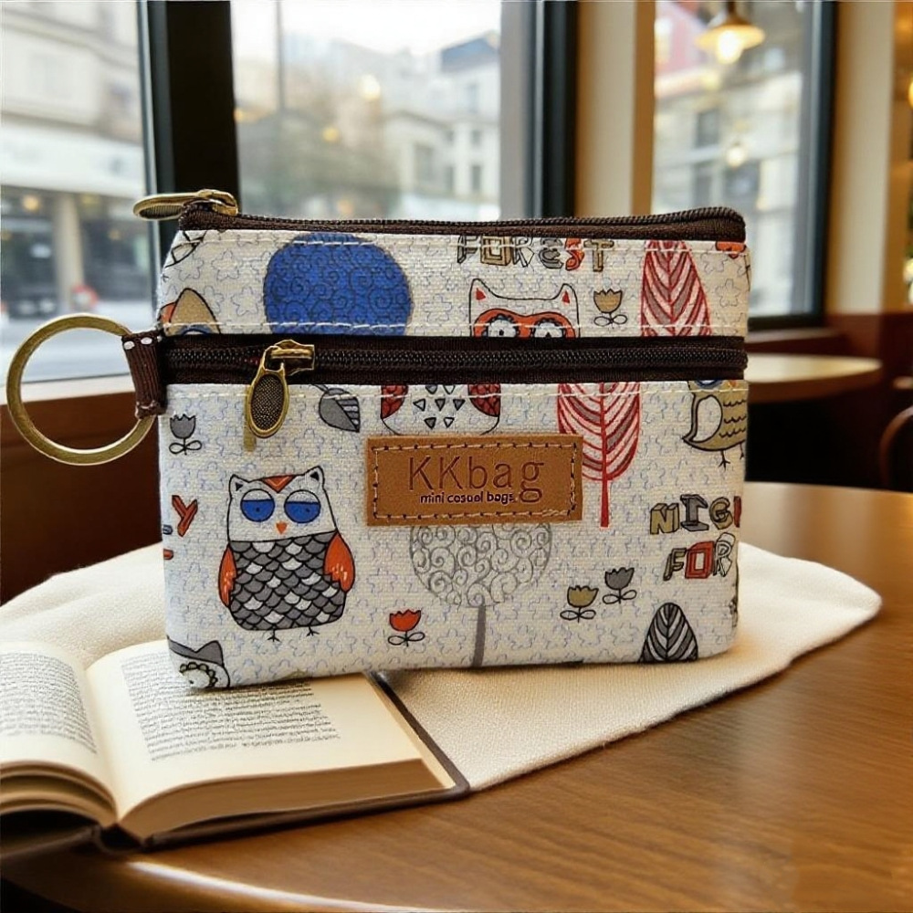  Vintage Cartoon Canvas Coin Purse, Double Zipper Keychain Pouch, Multiple Cute Prints