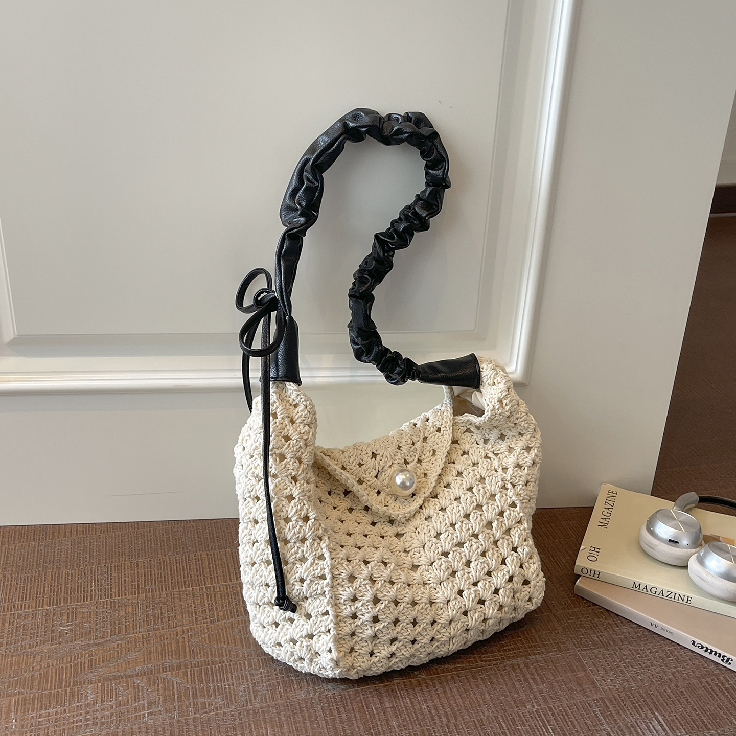 Women's Boho Crochet Hobo Bag | Pearl Buckle Ruched Strap Woven Shoulder Purse for Summer Beach