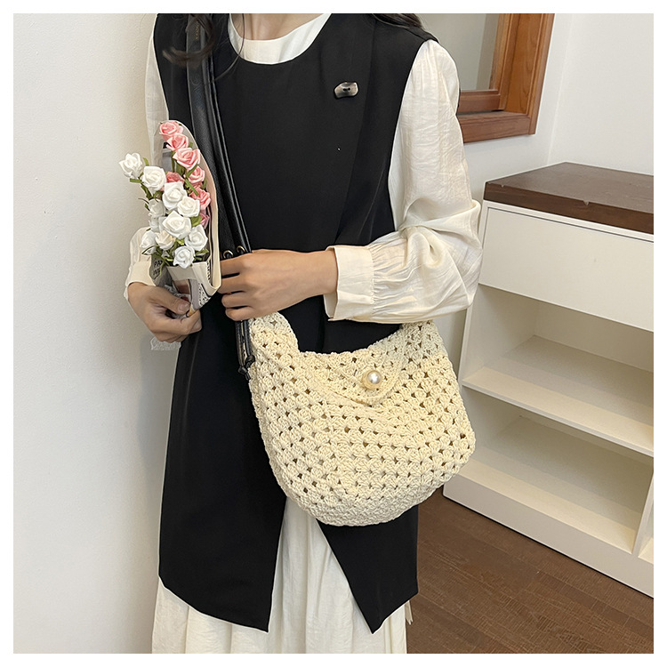 Women's Boho Crochet Hobo Bag | Pearl Buckle Ruched Strap Woven Shoulder Purse for Summer Beach
