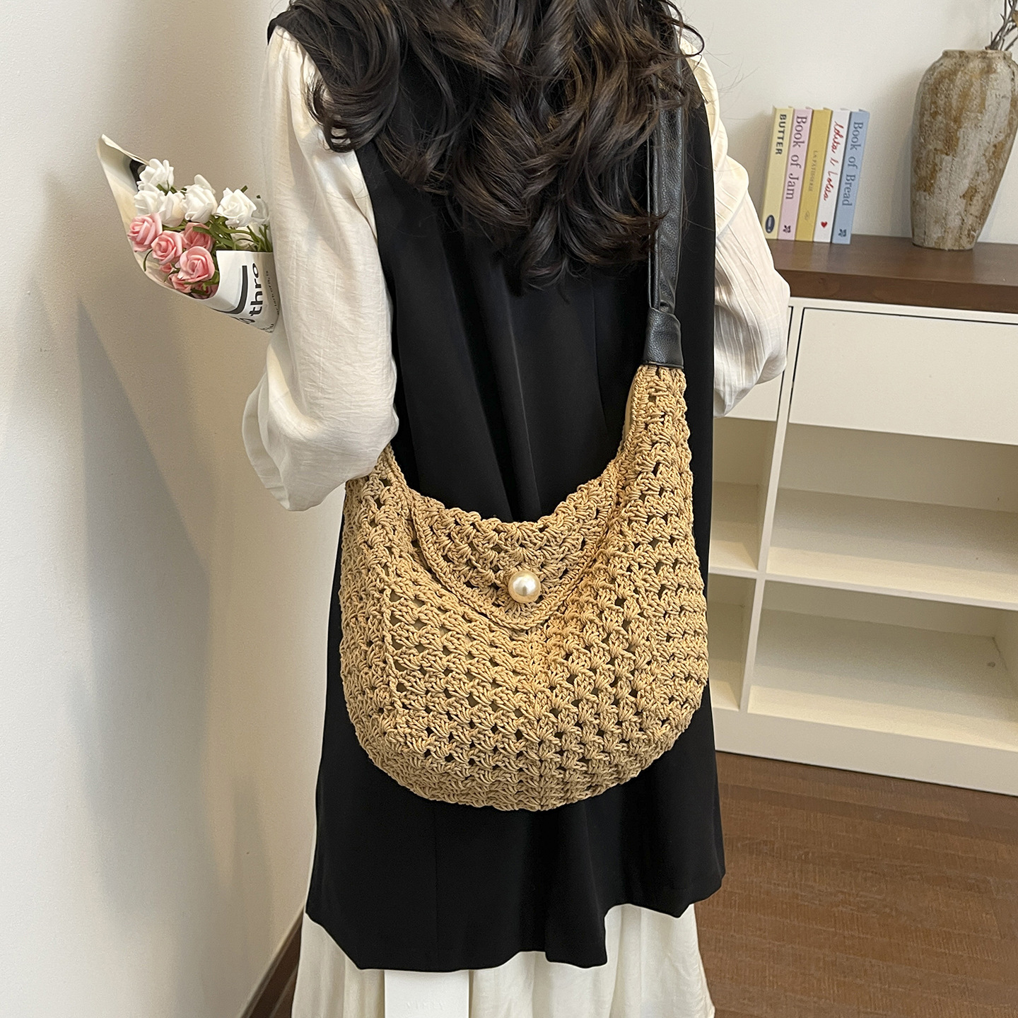 Women's Boho Crochet Hobo Bag | Pearl Buckle Ruched Strap Woven Shoulder Purse for Summer Beach