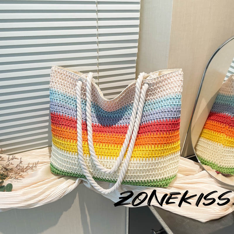 Zonekiss Colorful Striped Crochet Straw Tote - The Ultimate Summer Statement Beach Bag