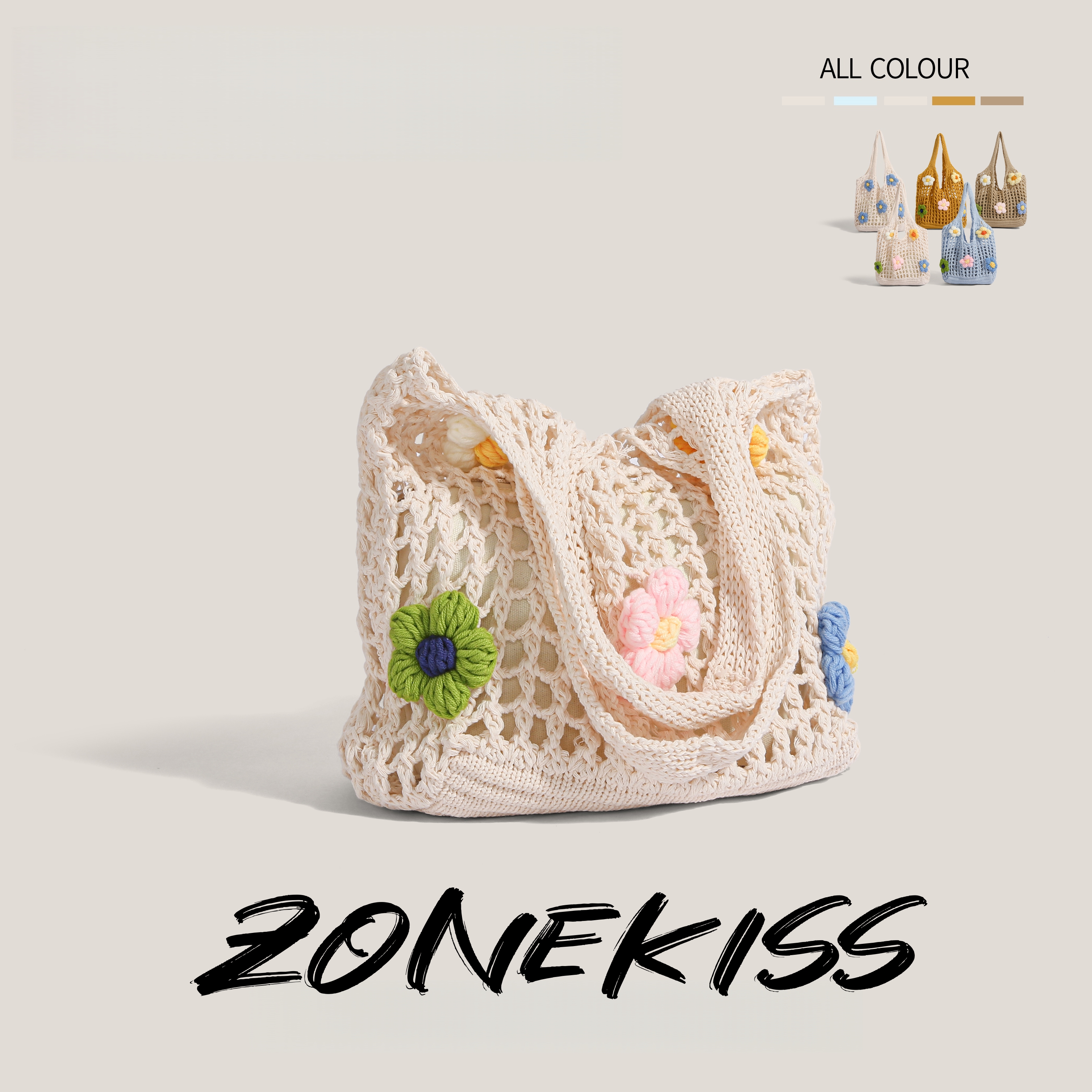 Zonekiss 3D Flower Handmade Crochet Woven Tote Bag With Detachable Inner Pouch