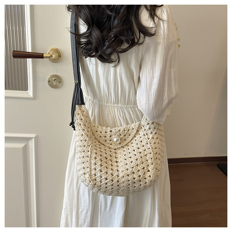 Women's Boho Crochet Hobo Bag | Pearl Buckle Ruched Strap Woven Shoulder Purse for Summer Beach