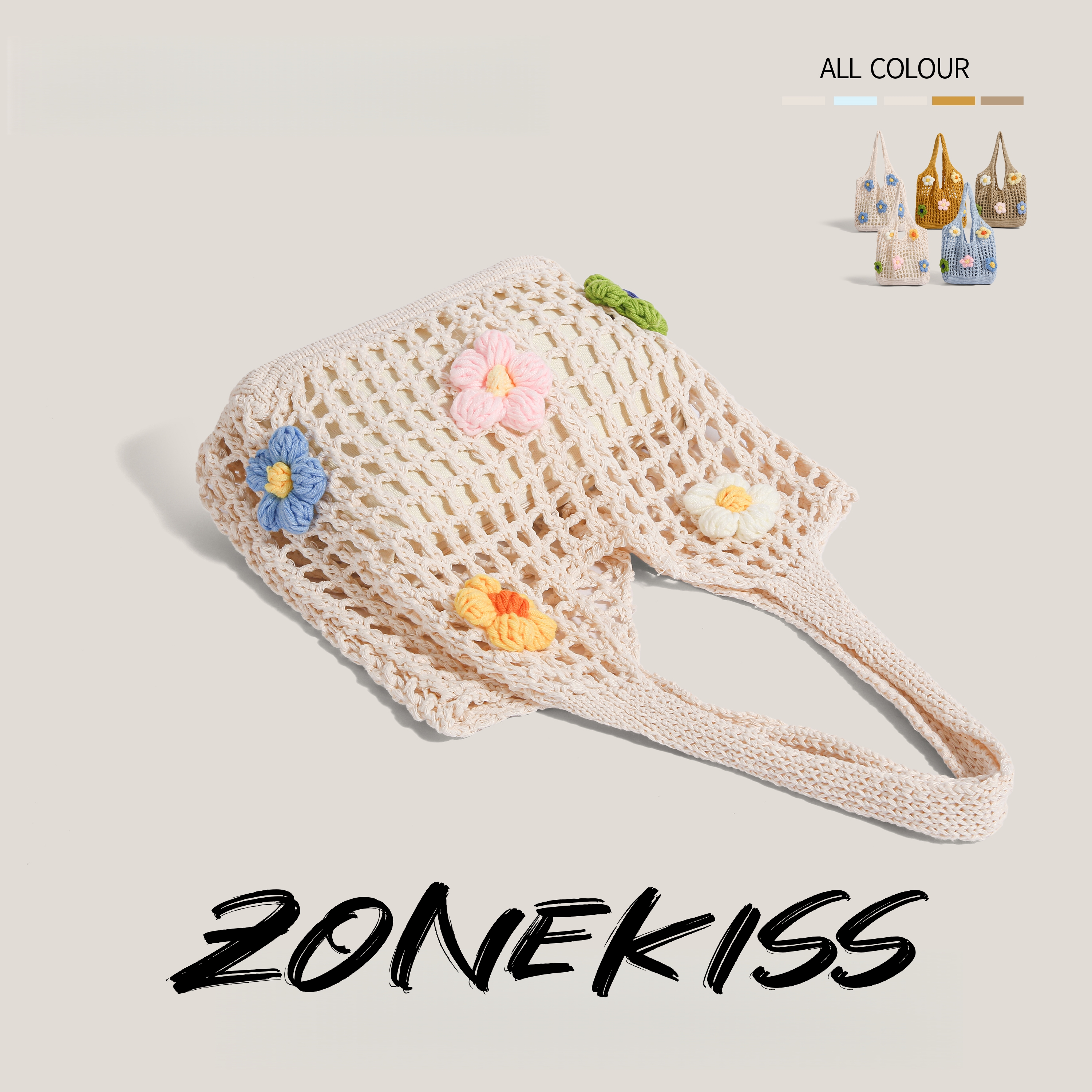 Zonekiss 3D Flower Handmade Crochet Woven Tote Bag With Detachable Inner Pouch