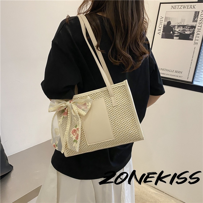 Summer Straw Tote Bag With Lace Floral Bow