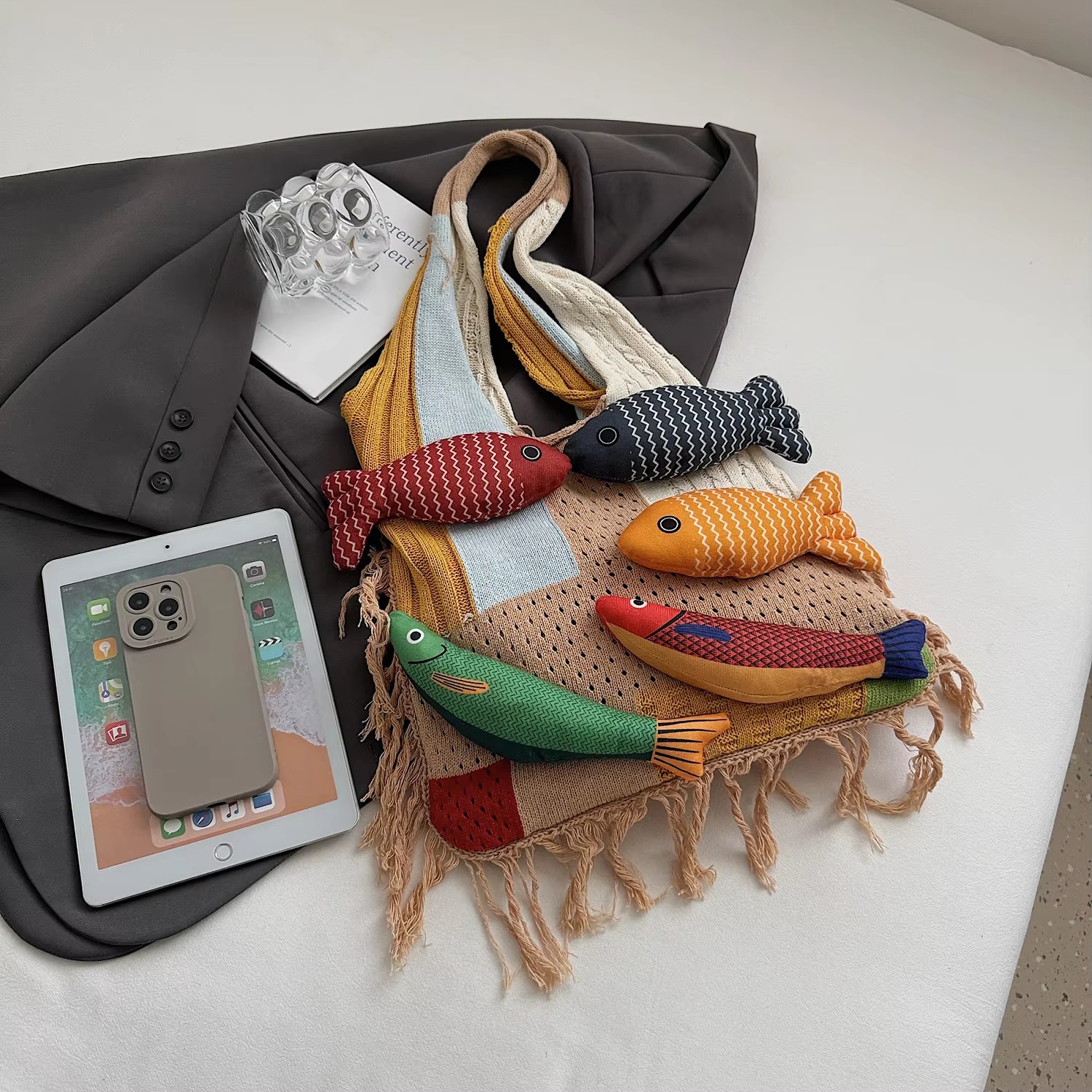 Zonekiss Handmade 3D Fish Patchwork Tote Bag, Boho Woven Shoulder Bag with Tassel