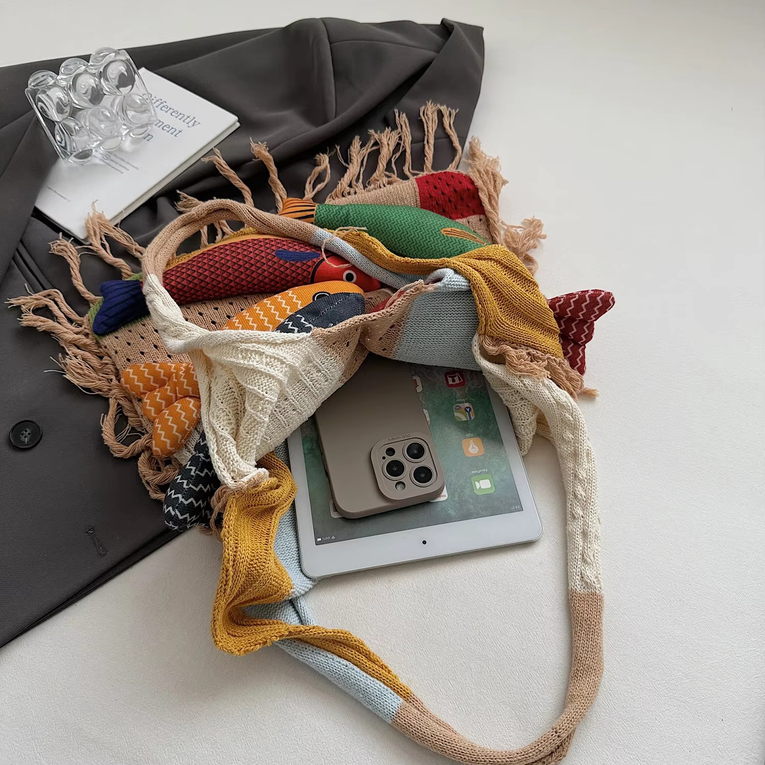 Zonekiss Handmade 3D Fish Patchwork Tote Bag, Boho Woven Shoulder Bag with Tassel